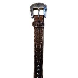 Belt Genuine Hand Tooled Leather Brown Studded Hair Sz 38 See Pics Measurement